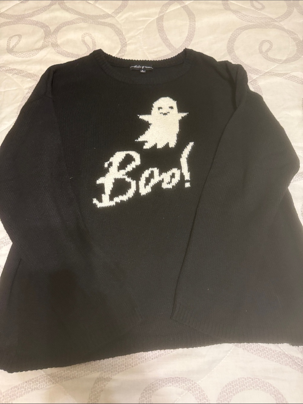 State of Mind Black Crewneck Sweater with White Ghost 'Boo!' Graphic
